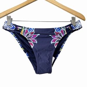 Trina Turk Women's Navy Floral Bikini Bottom Size 10 Side Strap Gold Accent Swim